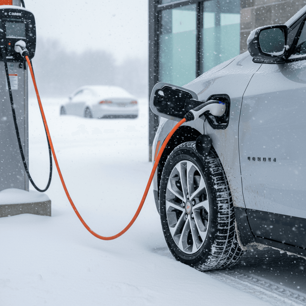 Chevrolet Equinox EV charging at a public station in winter with light snow on the ground