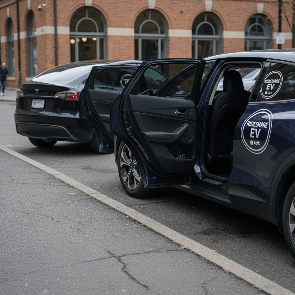 Three electric cars commonly used by Uber drivers parked curbside, showing spacious back seats and charging ports