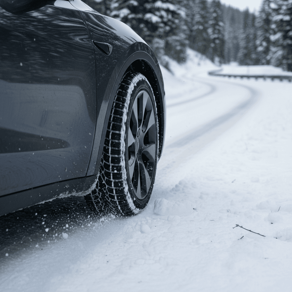 Tesla Model Y with winter tires driving on a snow covered suburban road