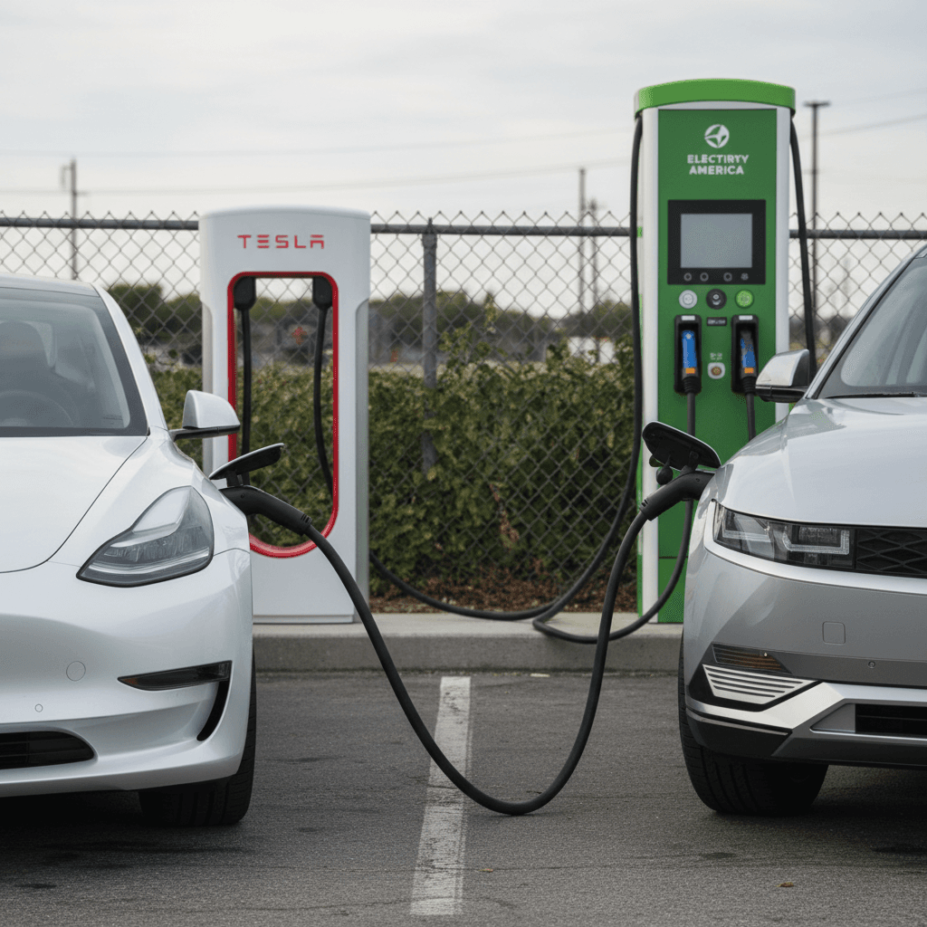 Tesla Supercharger stalls and an Electrify America site side by side, each with EVs charging