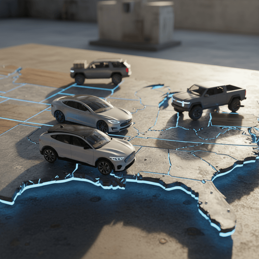 Lineup of popular US‑built electric cars including SUV, truck and crossover parked in front of a stylized map of the United States