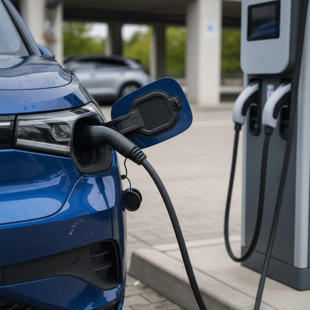 VW ID.4 plugged into a DC fast charger with charging cable connected to the port on the rear quarter panel