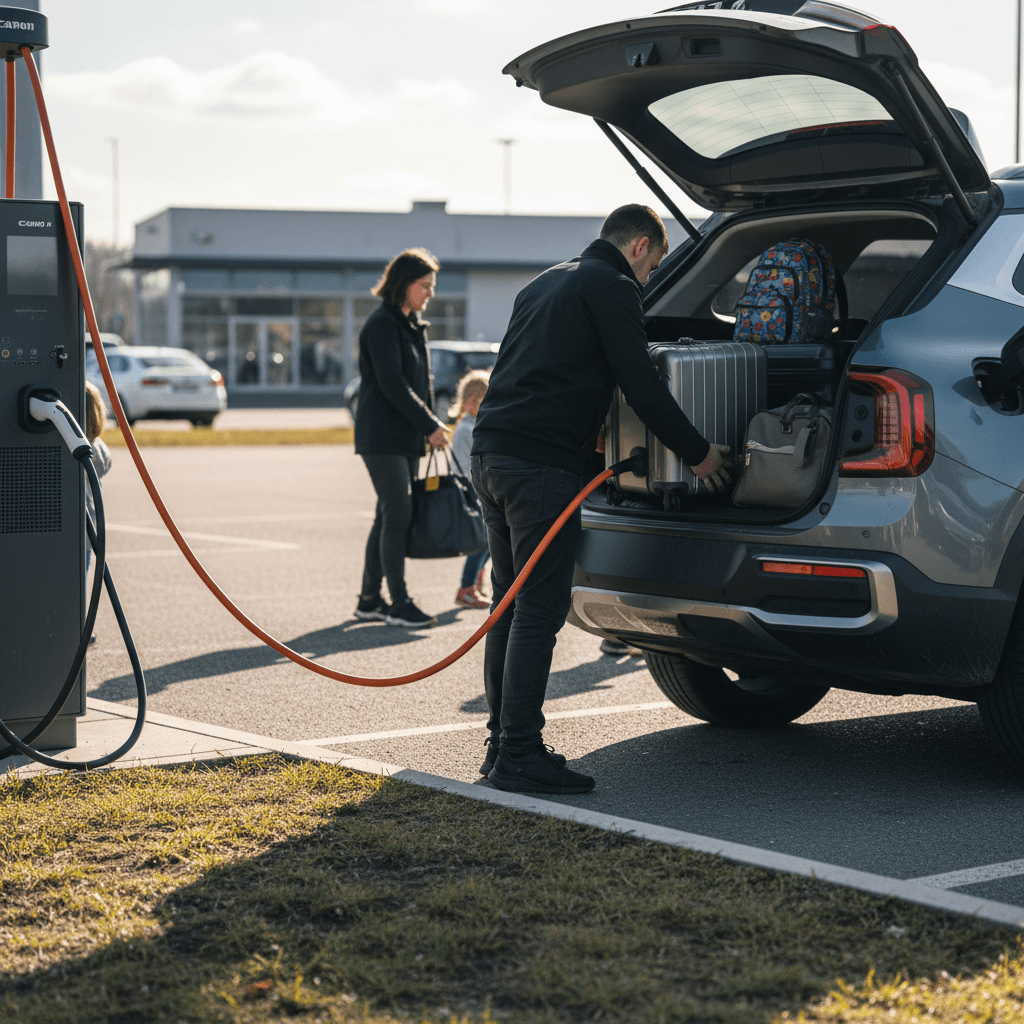 Family loading luggage into the rear of a Kia EV9 while connected to a public fast charger