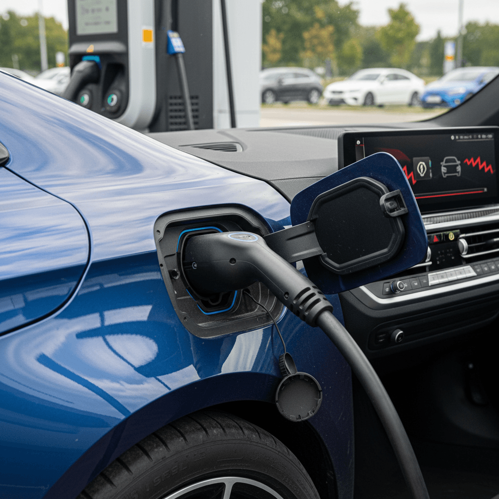 BMW i4 plugged into a public DC fast charger with a charging status warning displayed on the infotainment screen