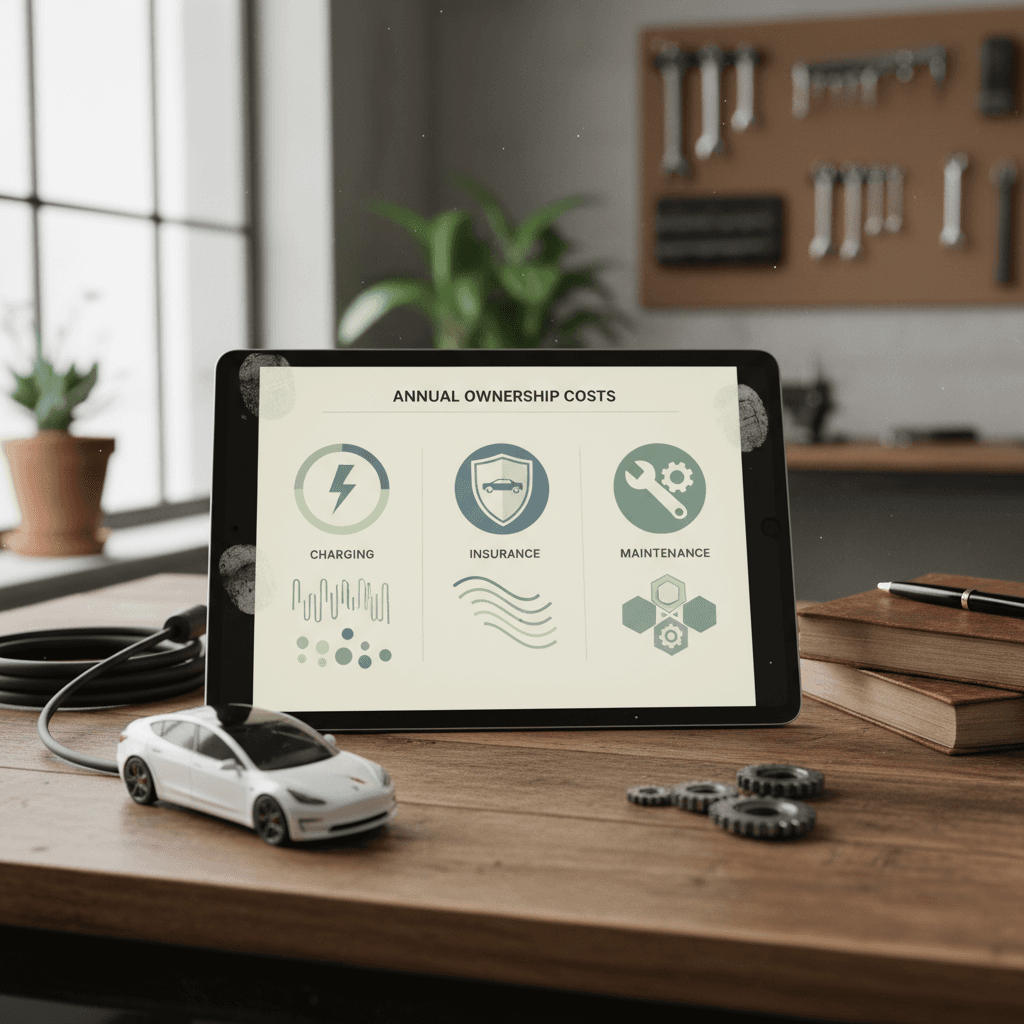 Illustrated breakdown of Tesla Model 3 annual ownership costs including charging, insurance, maintenance, and depreciation segments