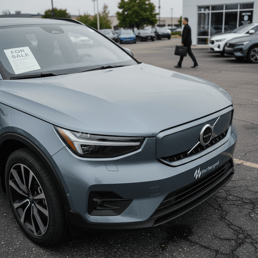 Used Volvo EX40 electric SUV with for-sale sign parked at a dealership lot