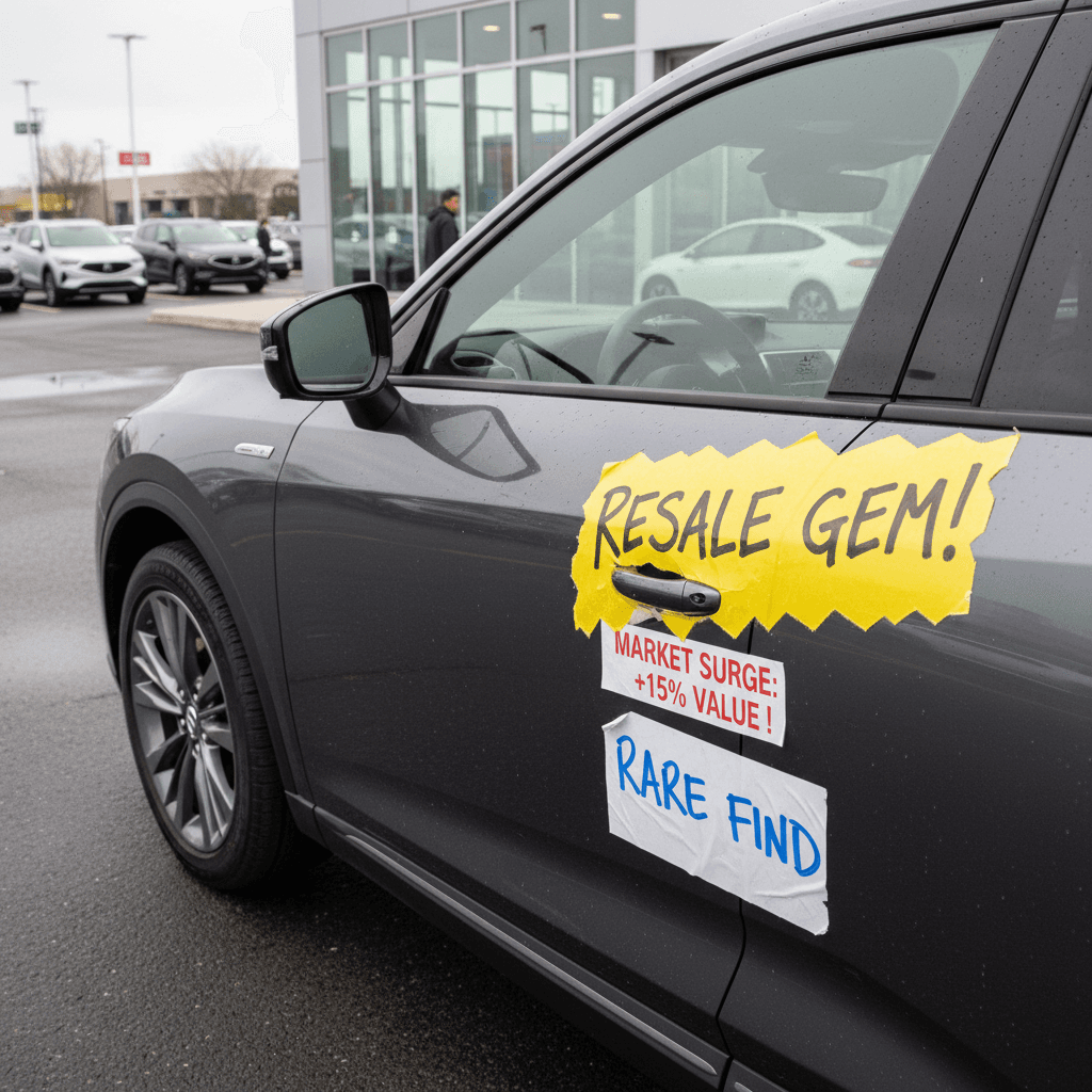 Pre-owned Cadillac Lyriq SUVs parked on a used EV lot with pricing stickers visible