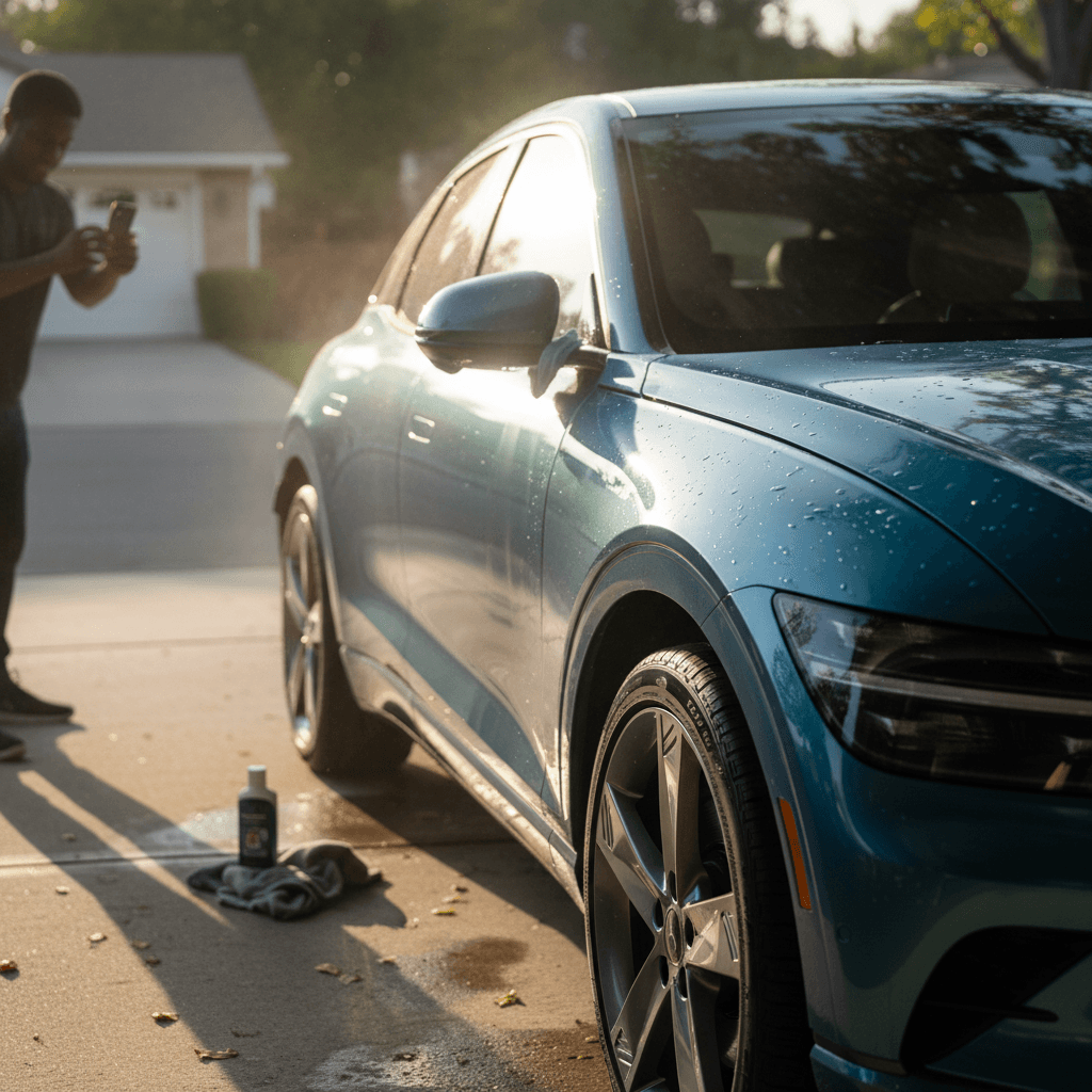 Owner cleaning and photographing a 2023 Genesis GV60 in a driveway before listing it for sale