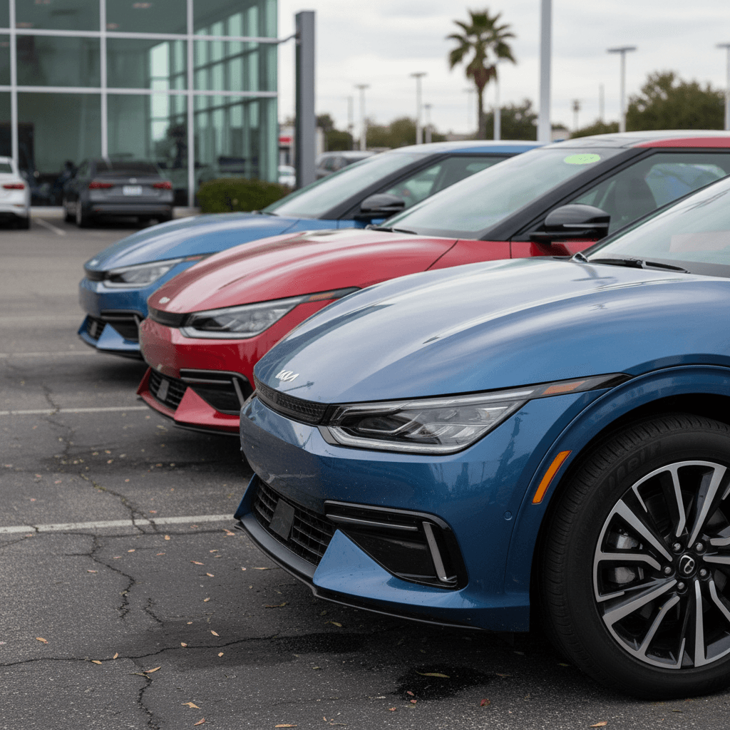 Lineup of used Kia EV6 crossovers in different trims on a lot, highlighting choices for 2026 buyers