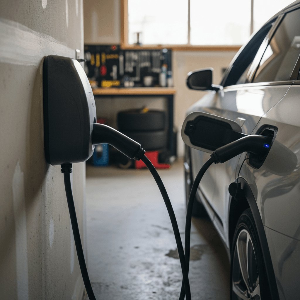 Wall-mounted Level 2 home charger plugged into a Cadillac Lyriq in a modern garage
