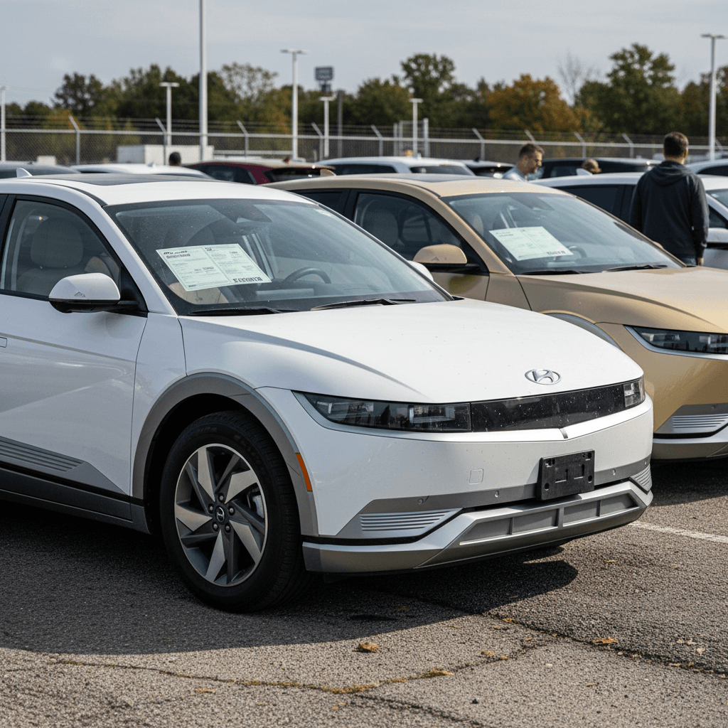 Row of used Hyundai Ioniq 5 SUVs parked in a dealer-style lot with price stickers on the windshields