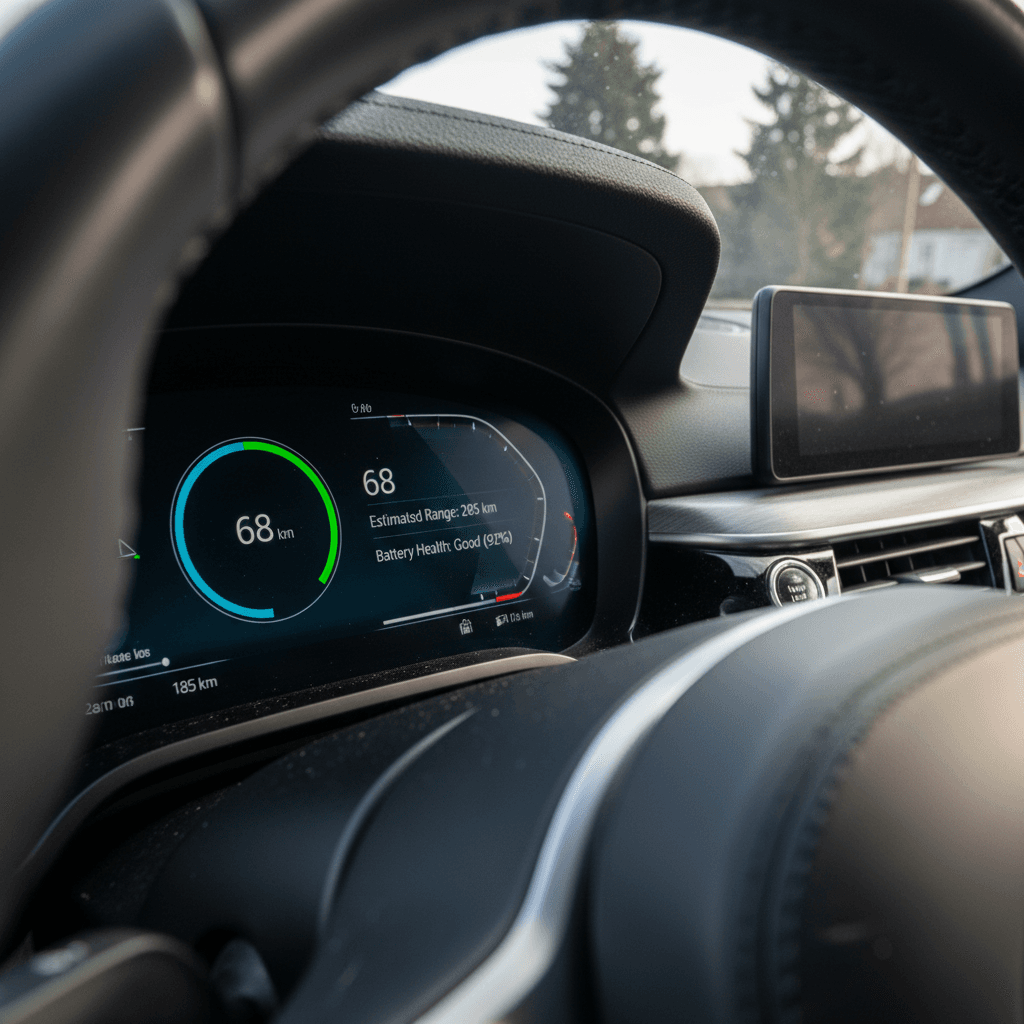 BMW i5 digital instrument cluster showing battery state of charge and estimated electric range