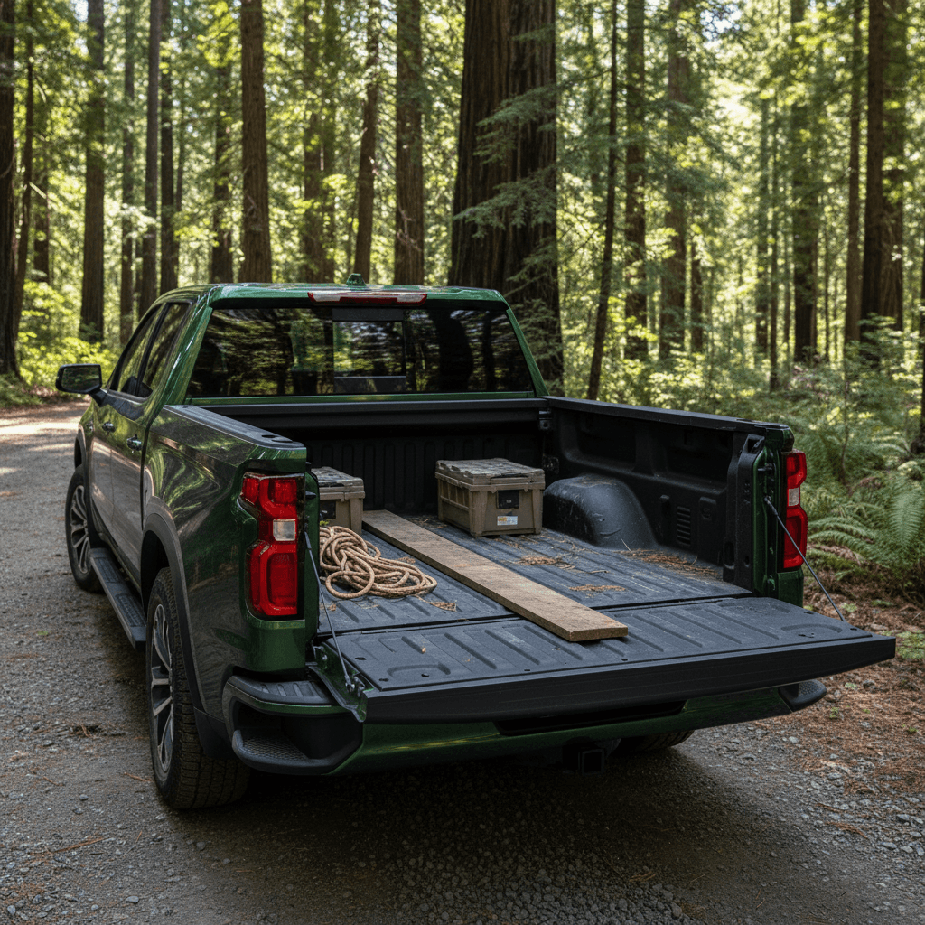 Chevy Silverado EV with open bed and Midgate folded to show extended cargo floor