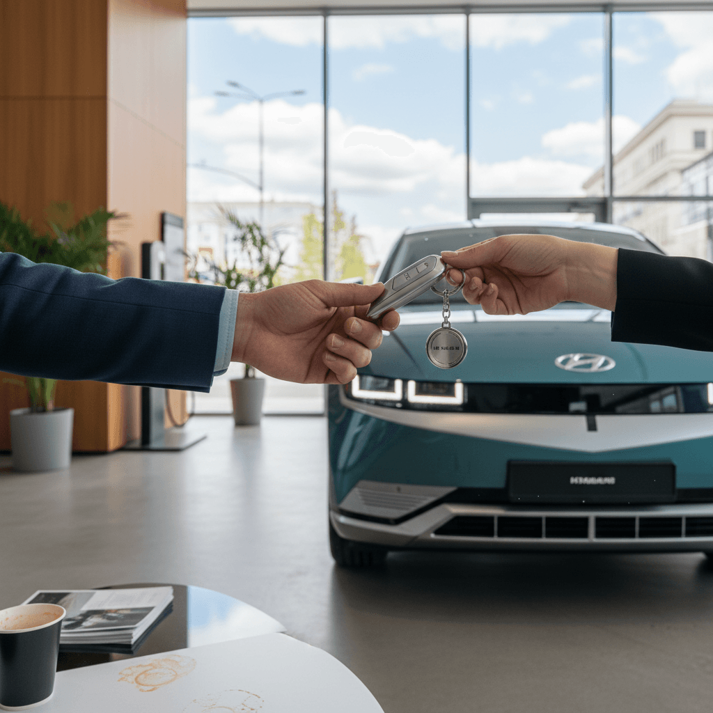 Recharged specialist reviewing a Hyundai Ioniq 5 battery health report with a customer at a modern showroom desk