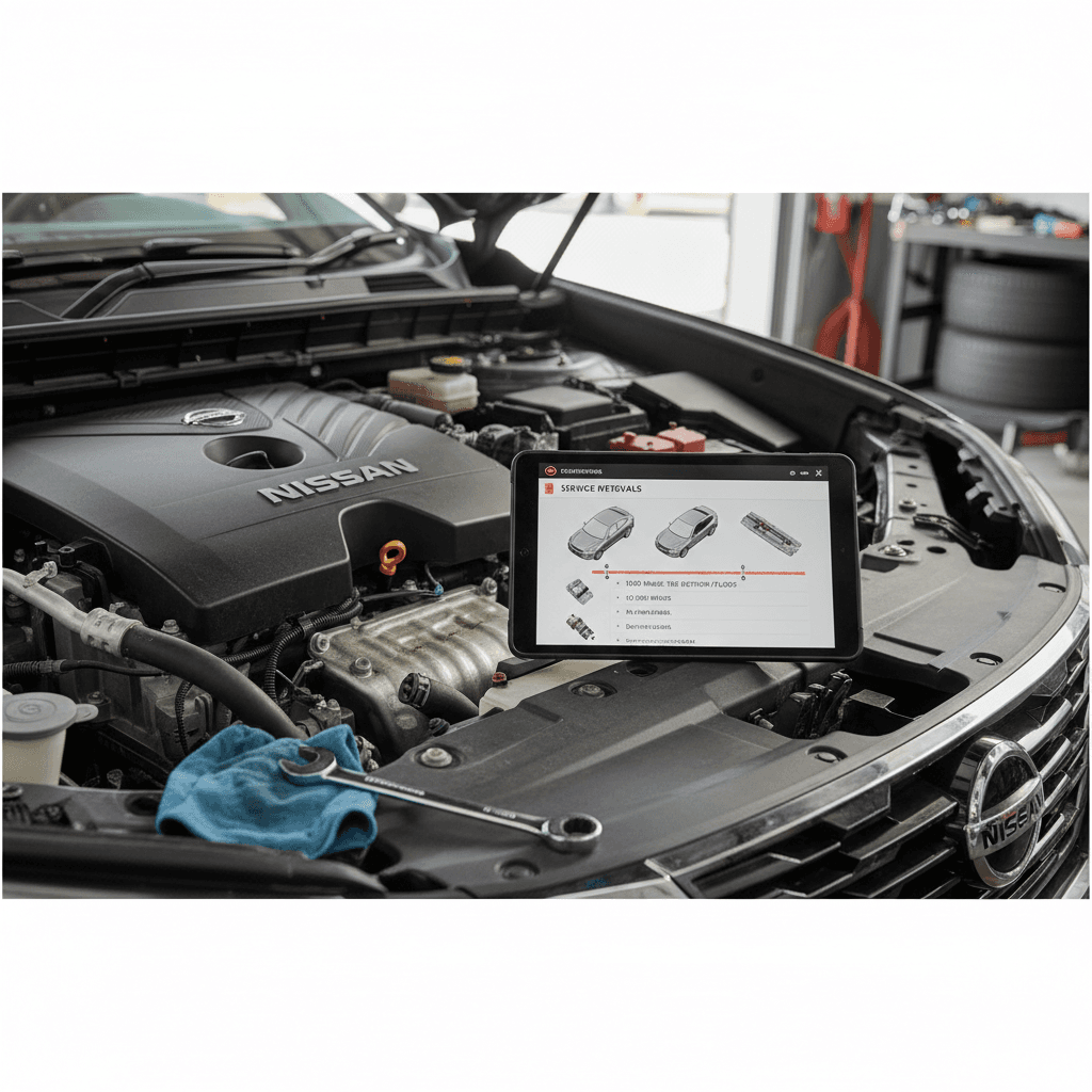 Mechanic performing scheduled maintenance on a Nissan Pathfinder SUV on a lift