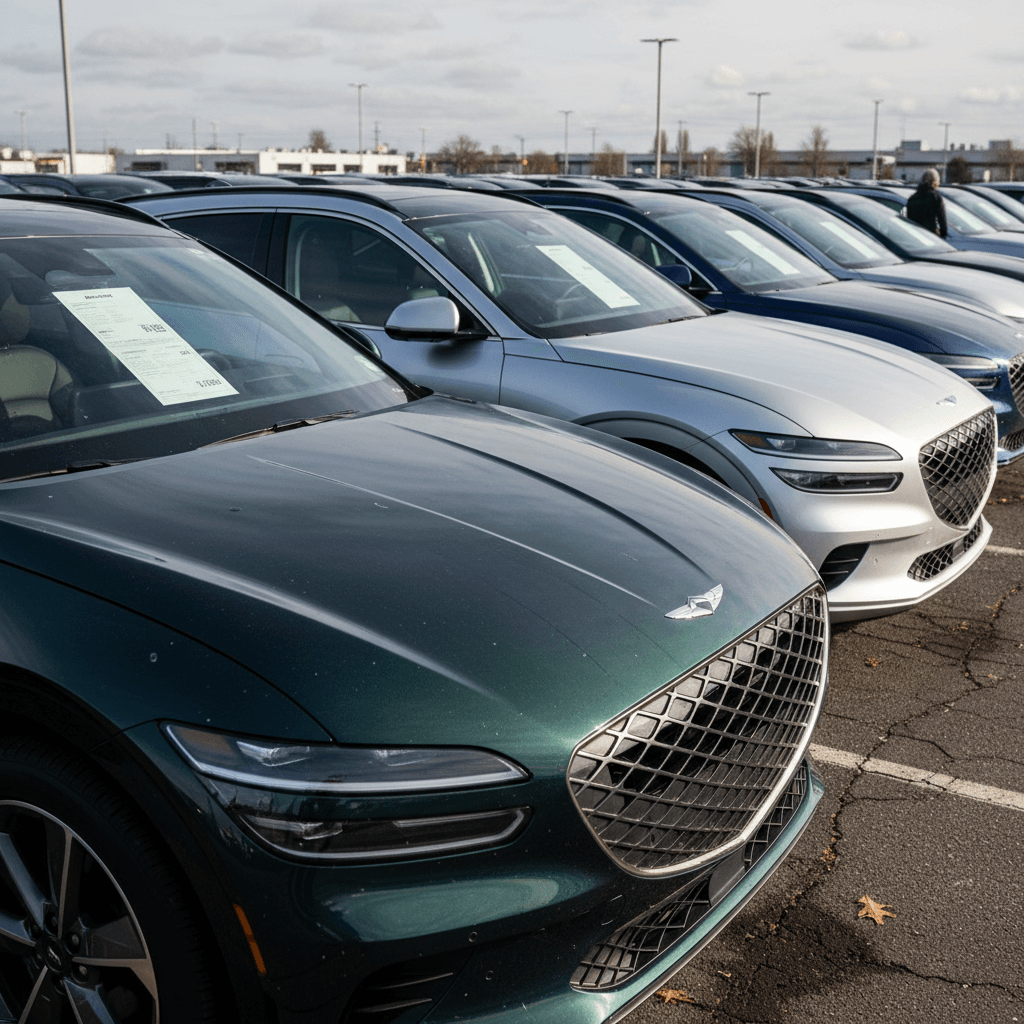 Row of used Genesis GV60 electric crossovers parked at a dealer lot with price stickers on the windshields