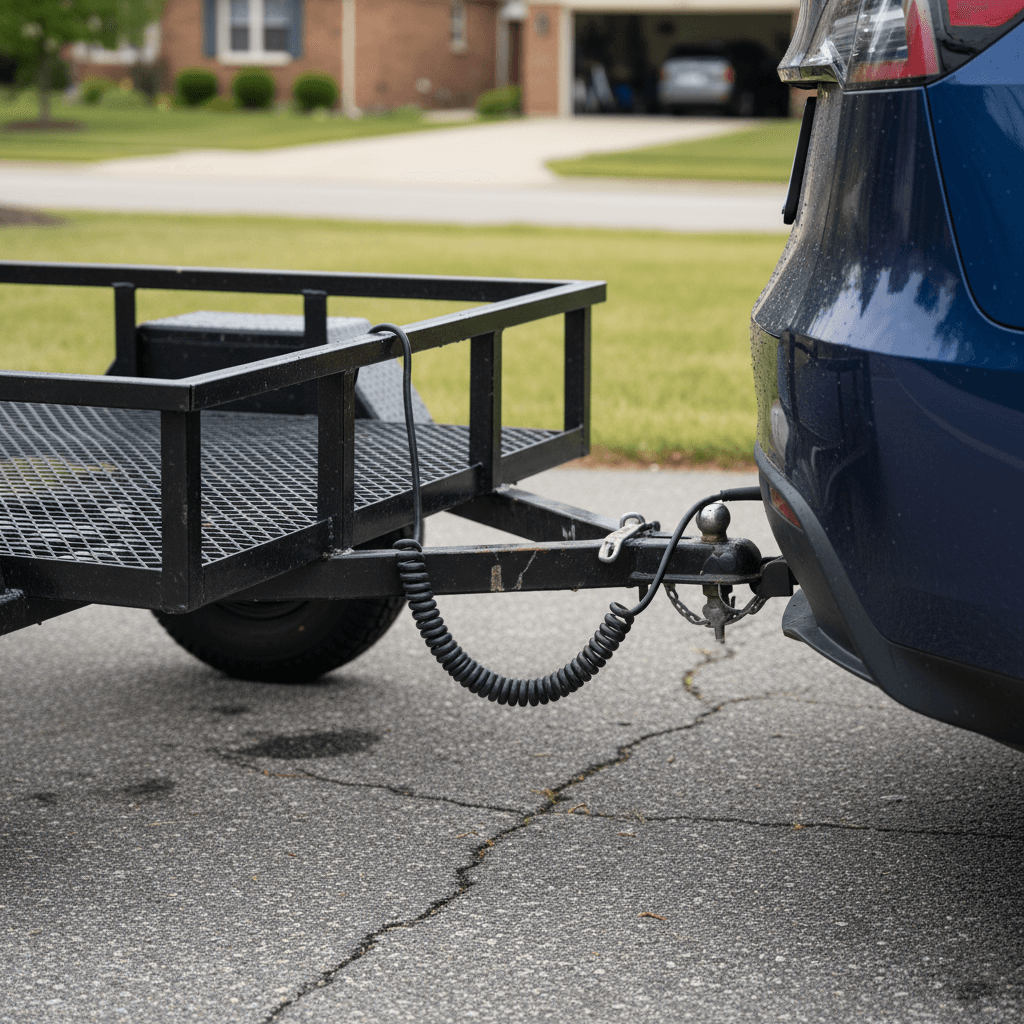 Tesla Model Y hitch with a small utility trailer attached in a residential driveway