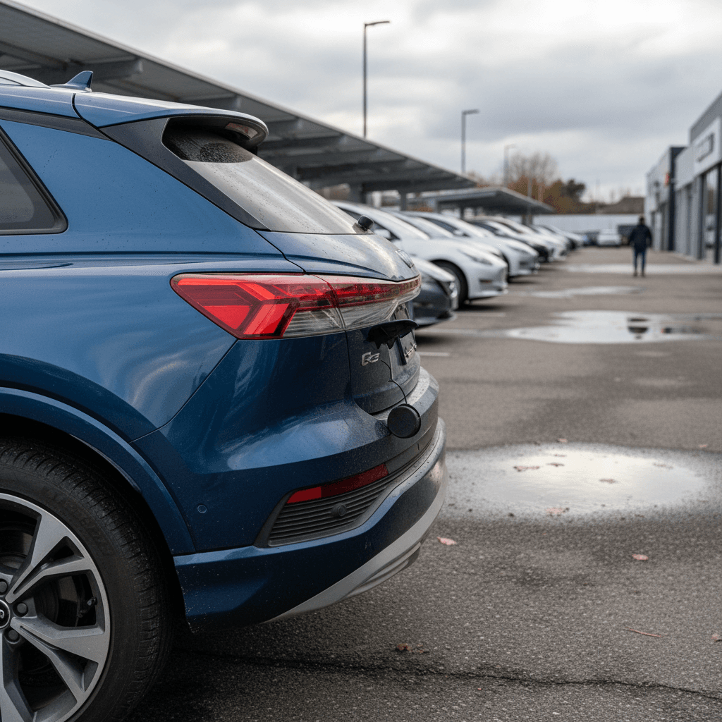 Row of used Audi Q4 e-tron SUVs lined up in a dealer lot with charge ports visible