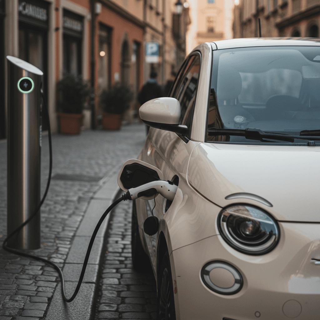 A compact Fiat 500e electric car parked on a narrow city street