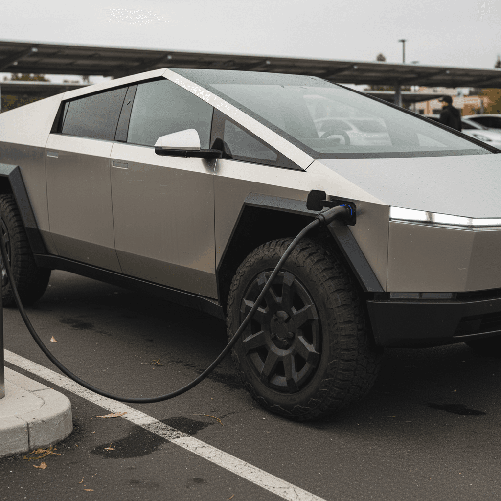 Tesla Cybertruck charging at a fast charger, highlighting the stainless body and unique wheel design