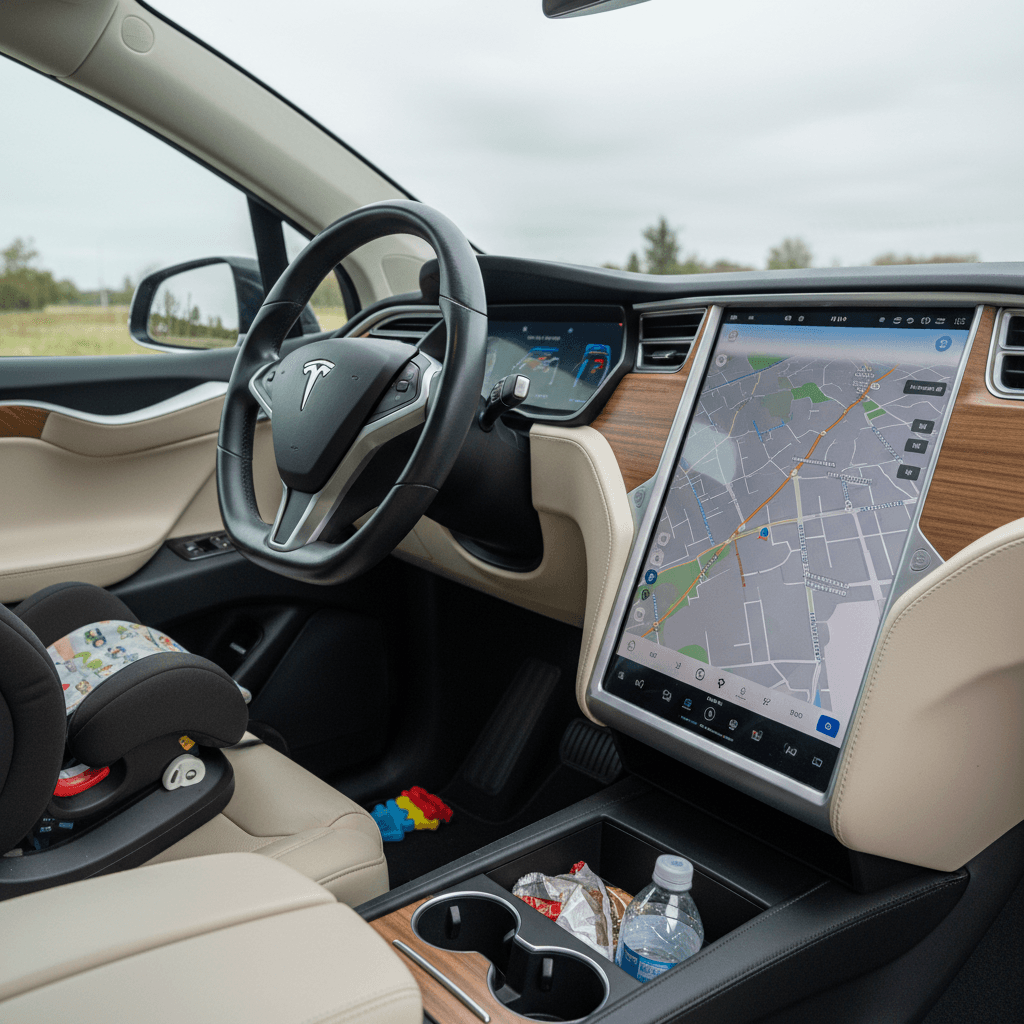 Tesla Model X interior showing yoke-style steering wheel and central touchscreen in a three-row electric SUV
