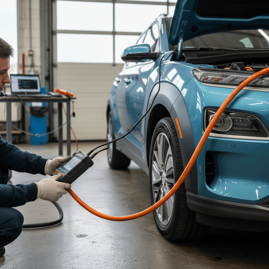 Technician using diagnostic equipment to check high-voltage battery health on a 2021 Hyundai Kona Electric