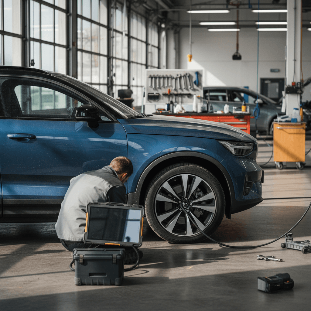 Technician using diagnostic tablet to check the battery health of a used Volvo C40 Recharge in a service bay