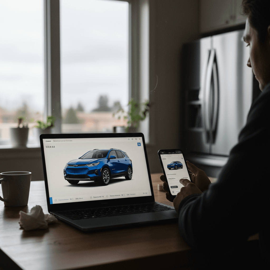 Seller and buyer reviewing a Chevrolet Equinox EV listing on a laptop and phone at a kitchen table