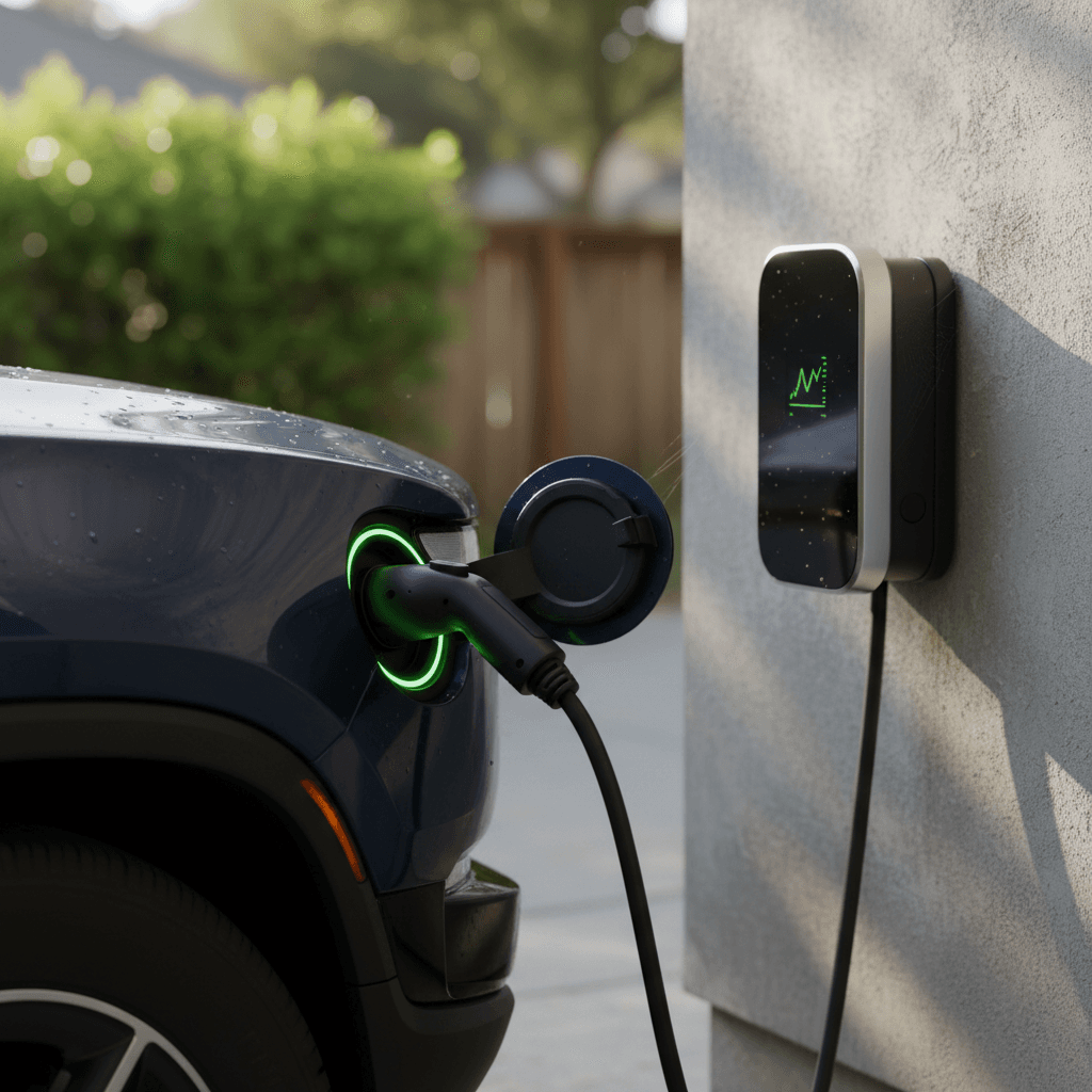 Close-up of a Rivian R1S plugged into a home wall charger, illustrating low cost per mile when charging at home.