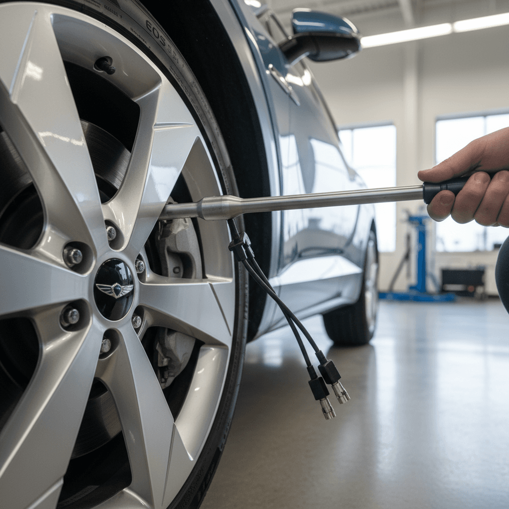 Technician inspecting tires and brakes on a Genesis GV60 in a bright dealership service bay