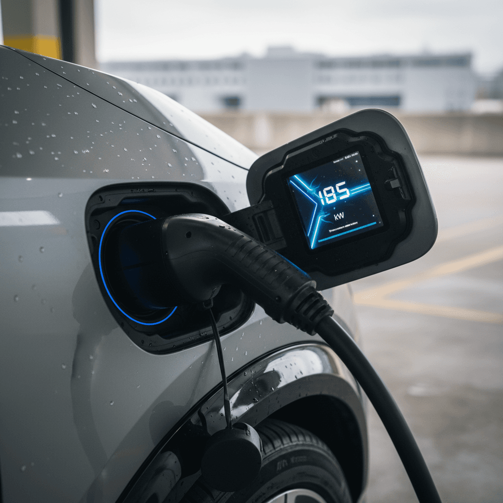 Nissan Ariya plugged into a DC fast charger showing charging power on the station display
