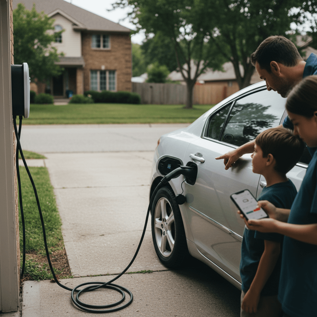 Driver charging a 2022 Ford Mustang Mach-E while monitoring range and alerts on the central display