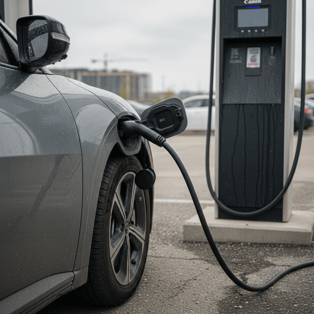 2025 Kia EV6 plugged into a high-power DC fast charger at a public station