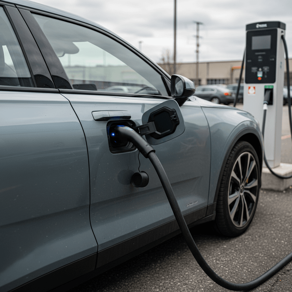 2022 Polestar 2 plugged into a public DC fast charger during a road trip