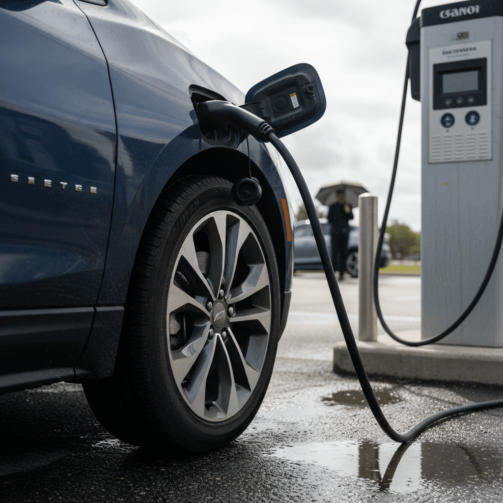 2024 Chevy Equinox EV charging at a public DC fast charger with connector plugged into port