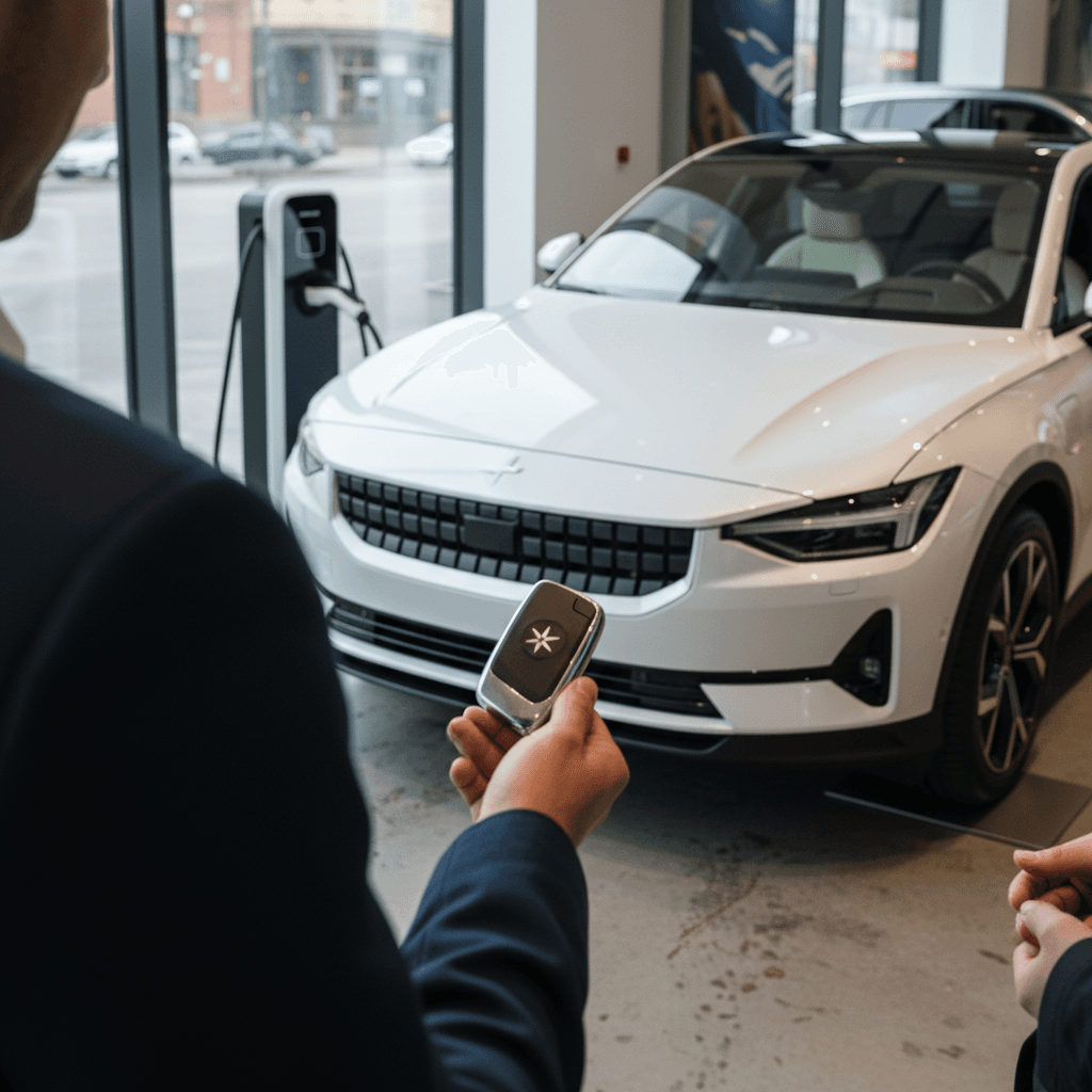 Owner handing over keys for a white Polestar 3 electric SUV at a dealership with a charging station in the background