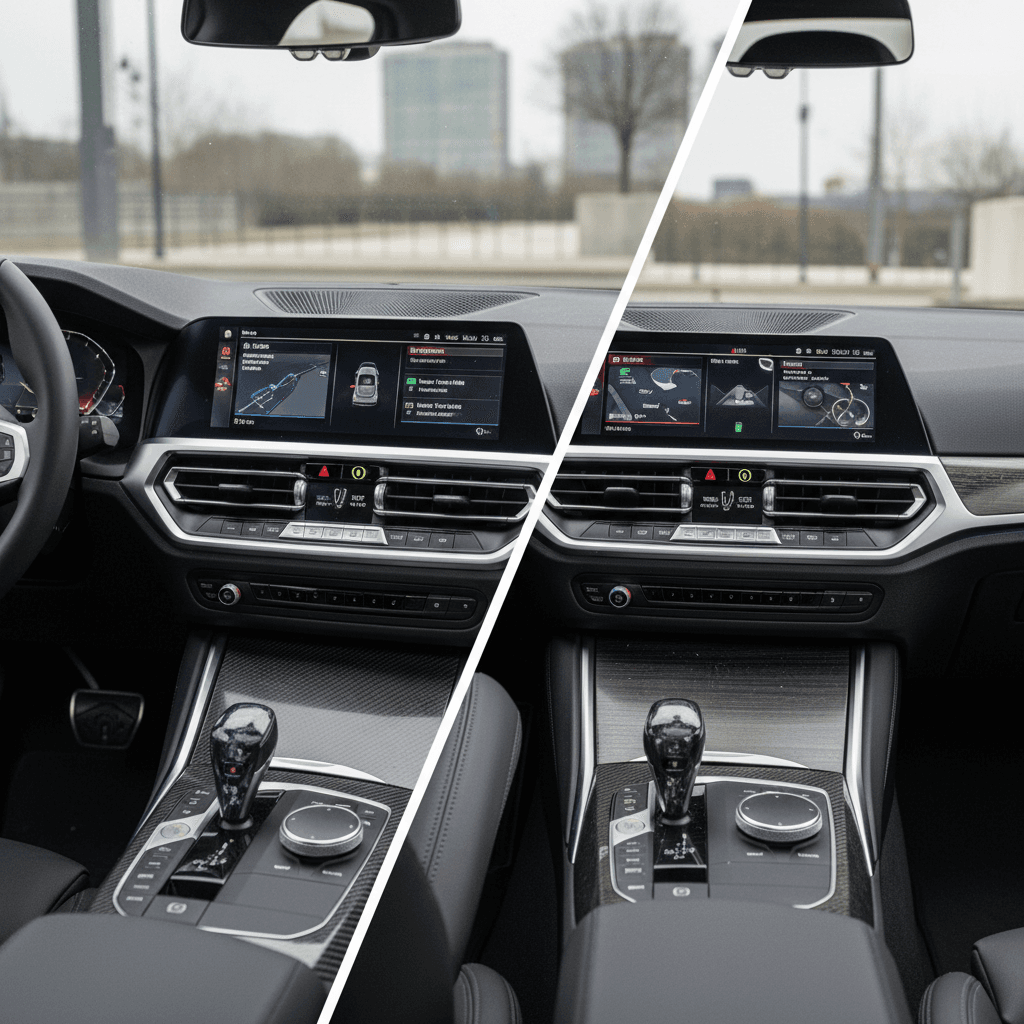Side-by-side view of BMW i4 and BMW 3 Series interiors highlighting digital instrument clusters and infotainment screens