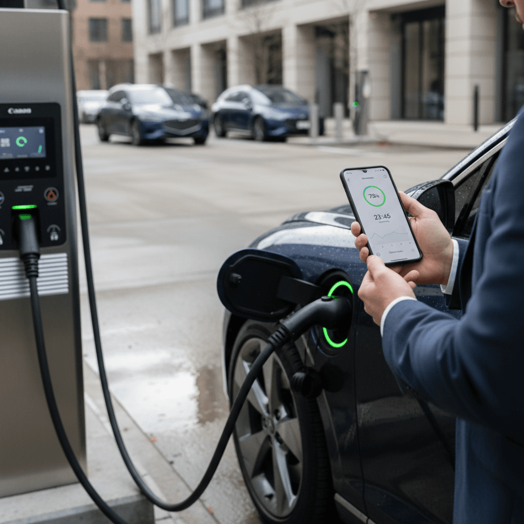 Driver checking a charging app on their phone while a Genesis GV60 fast charges at a public DC station