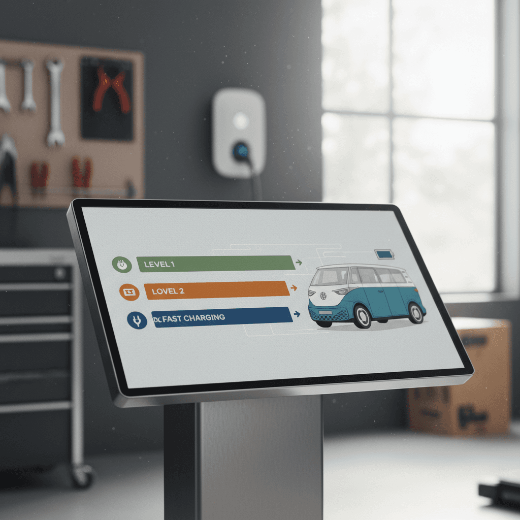 Infographic showing Volkswagen ID. Buzz charging time comparison between Level 1, Level 2, and DC fast charging from low to high state of charge