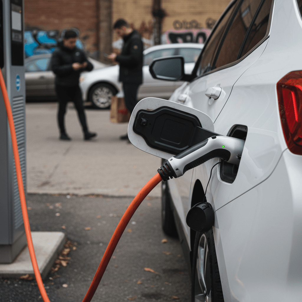 Chevrolet Equinox EV plugged into a DC fast charger at a city charging station
