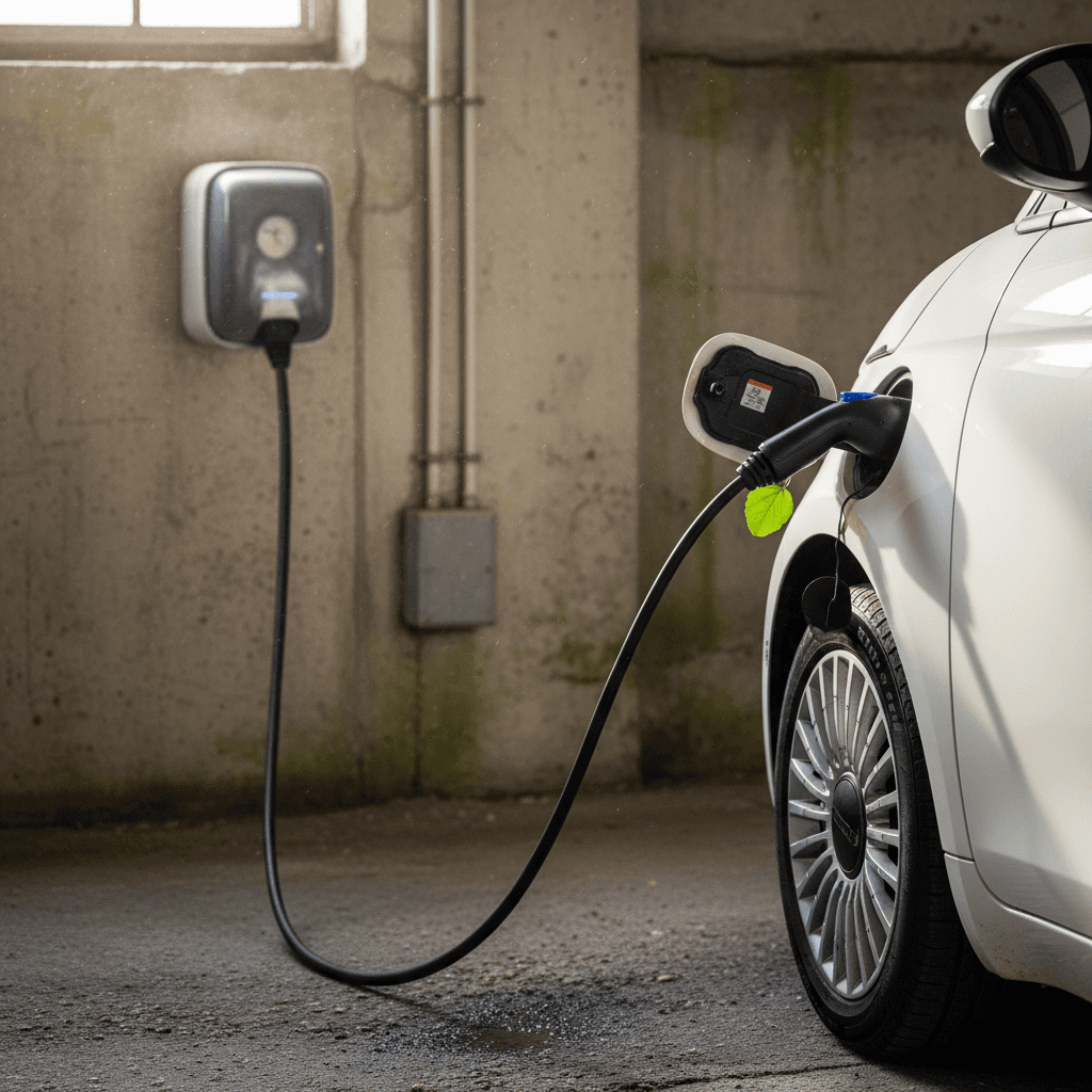 Fiat 500e plugged into a home wall charger, showing close-up of the charge port and cable