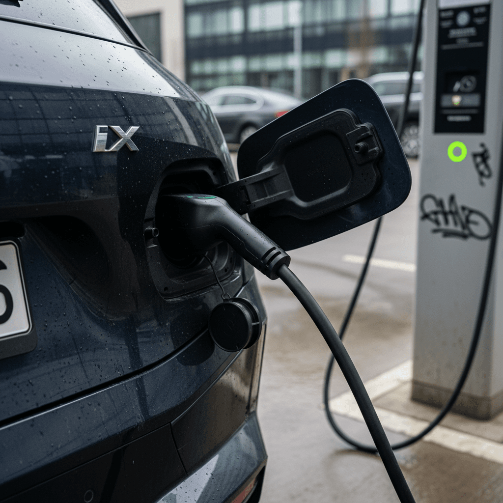 2022 BMW iX badge and charging port while plugged in at a public EV charger
