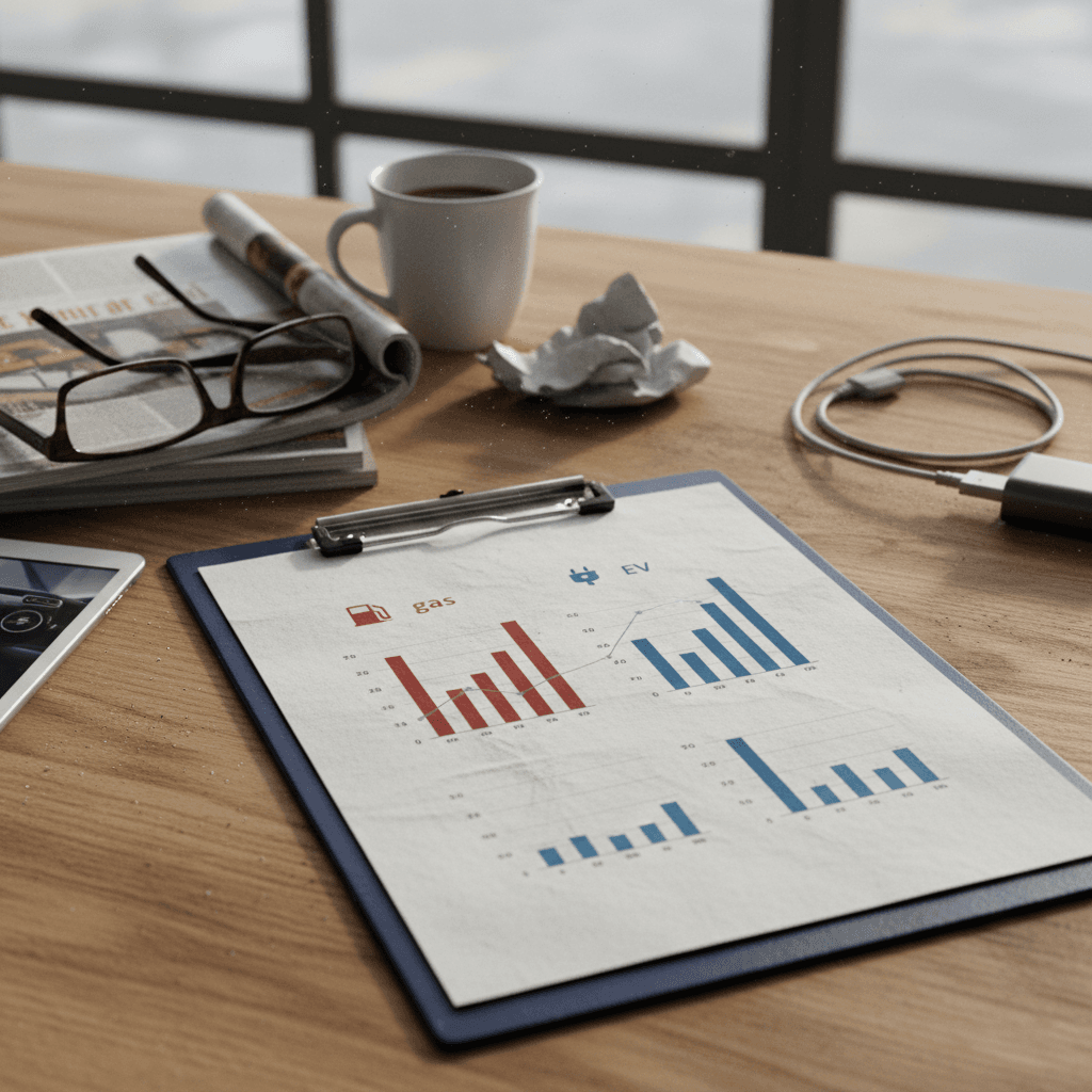 Comparison chart on a clipboard showing annual energy costs for a 30 mpg gas car versus a used electric vehicle
