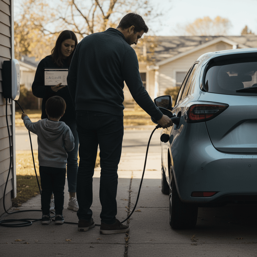 Person reviewing electric car lease paperwork with a key fob on the table