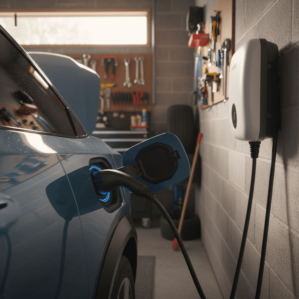 Nissan Ariya plugged into a wall mounted Level 2 home EV charger inside a residential garage
