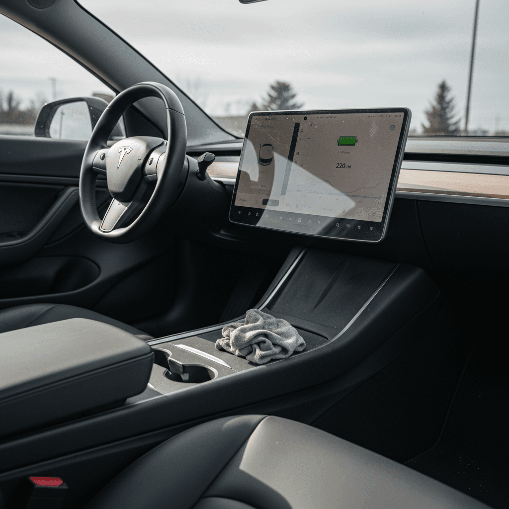 Used Tesla Model 3 interior showing touchscreen with battery and range information