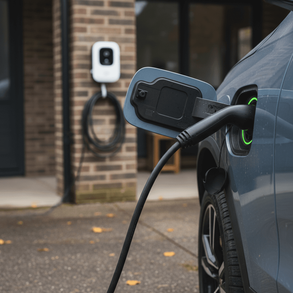 Volvo EX90 parked in a driveway connected to a Level 2 home charger on a 240-volt circuit