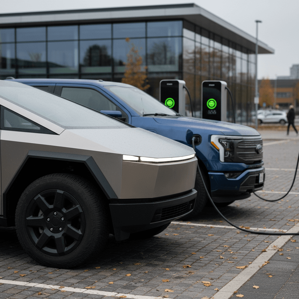 Tesla Cybertruck and Ford F-150 Lightning parked at a public charging station.