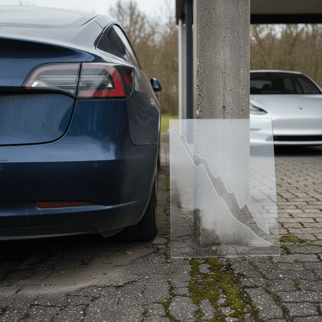 Stylized graph showing Tesla Model 3 value declining over ten years, with steep drop early then flattening after year five