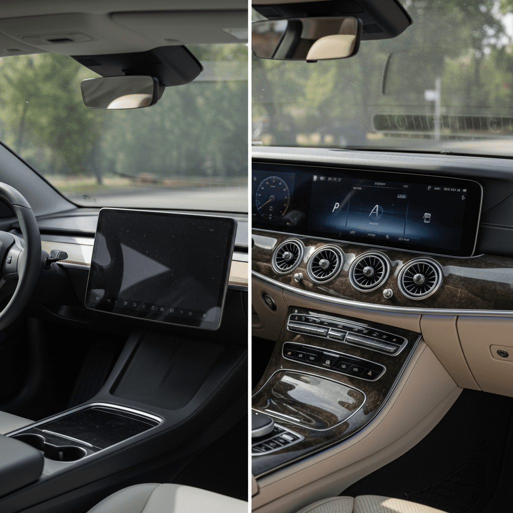 Side-by-side interior comparison of Tesla Model 3 minimalist cockpit and Mercedes EQE luxury dashboard with ambient lighting